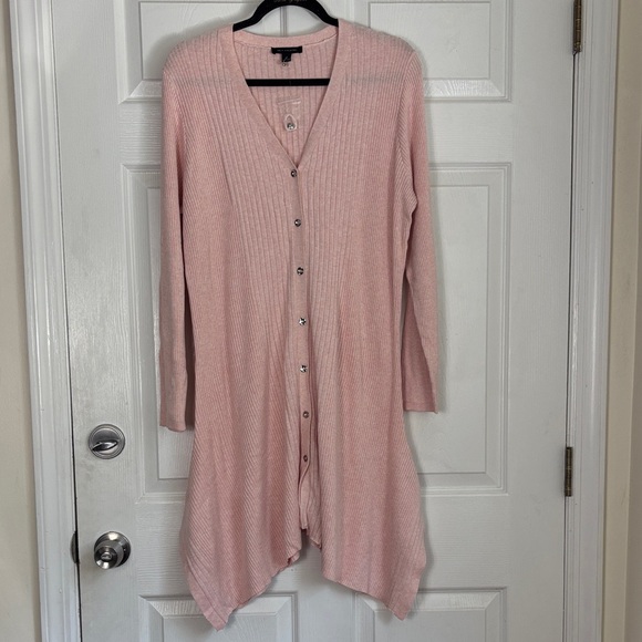 New H by HALSTON pink ribbed cardigan size XL cotton blend shark bite hem v neck - Picture 1 of 13